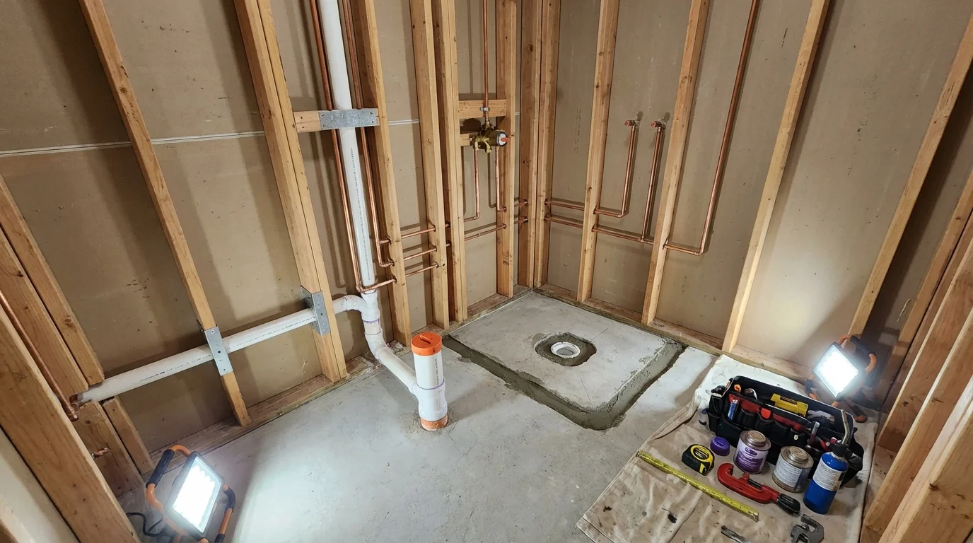 Bathroom rough-in plumbing during remodel by Johns Plumbing LLC in Mount Ayr