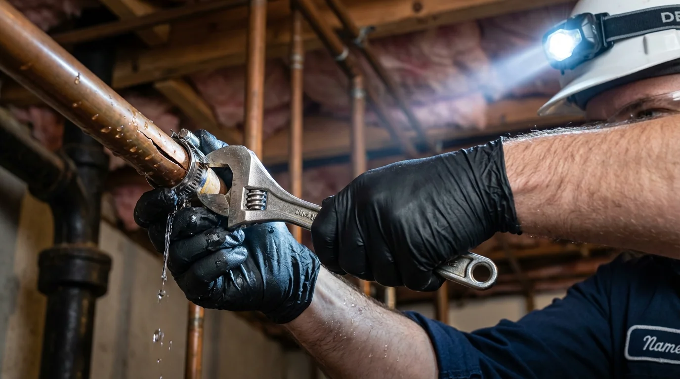 Emergency pipe clamp repair being performed by a Johns Plumbing LLC plumber in Mount Ayr