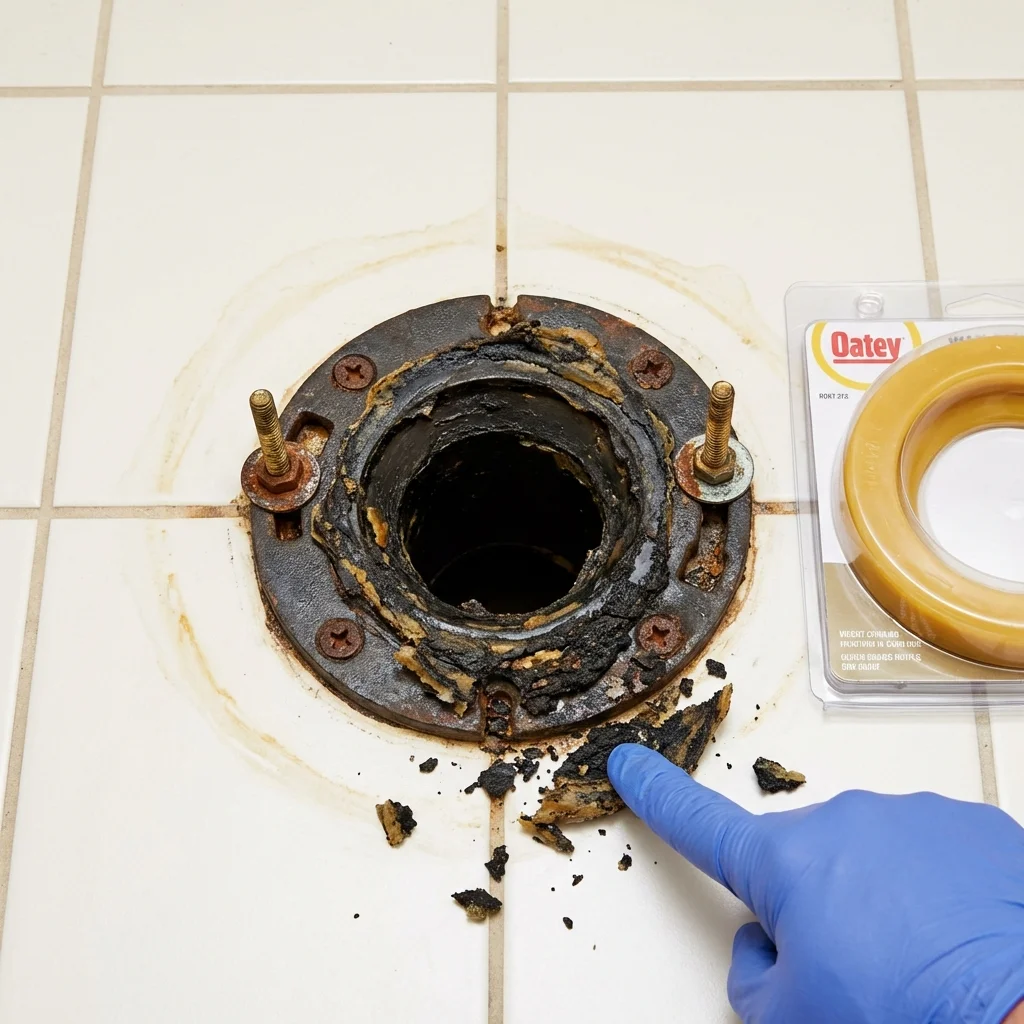 Failed wax ring showing water seepage at the base of a toilet in a Mount Ayr, IA home