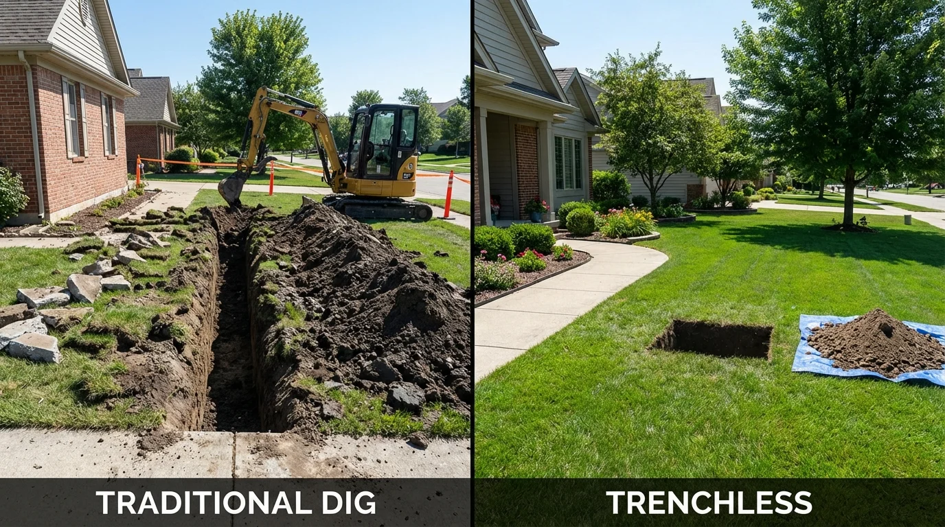 Trenchless sewer repair with minimal yard damage versus traditional excavation in Mount Ayr, IA