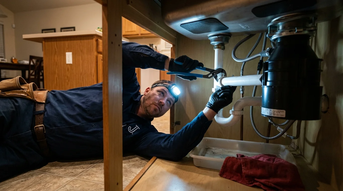 P-trap and supply line connections under a kitchen sink showing a common leak point in Mount Ayr, IA